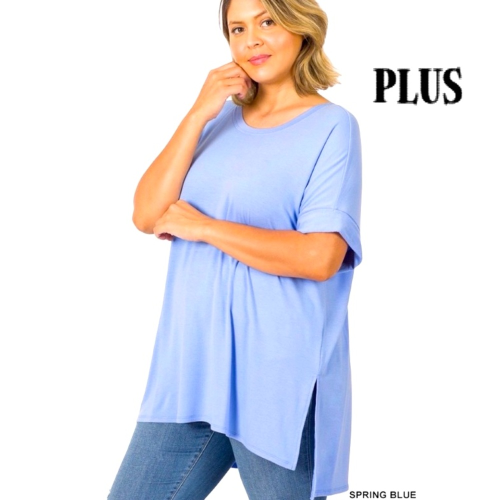 NEW Zenana Blue Cuff Sleeve Side Slit Top